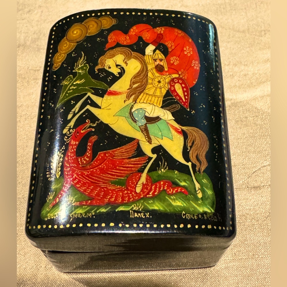 Vintage Hand-Painted & Signed Russian Lacquered Box of St. George and the Dragon